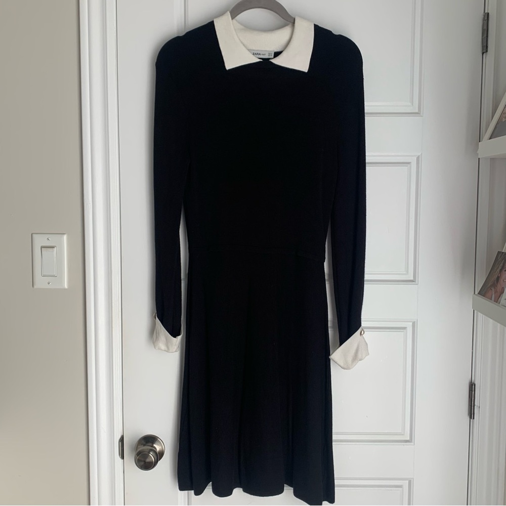 Zara Black Knit Dress with White Collar